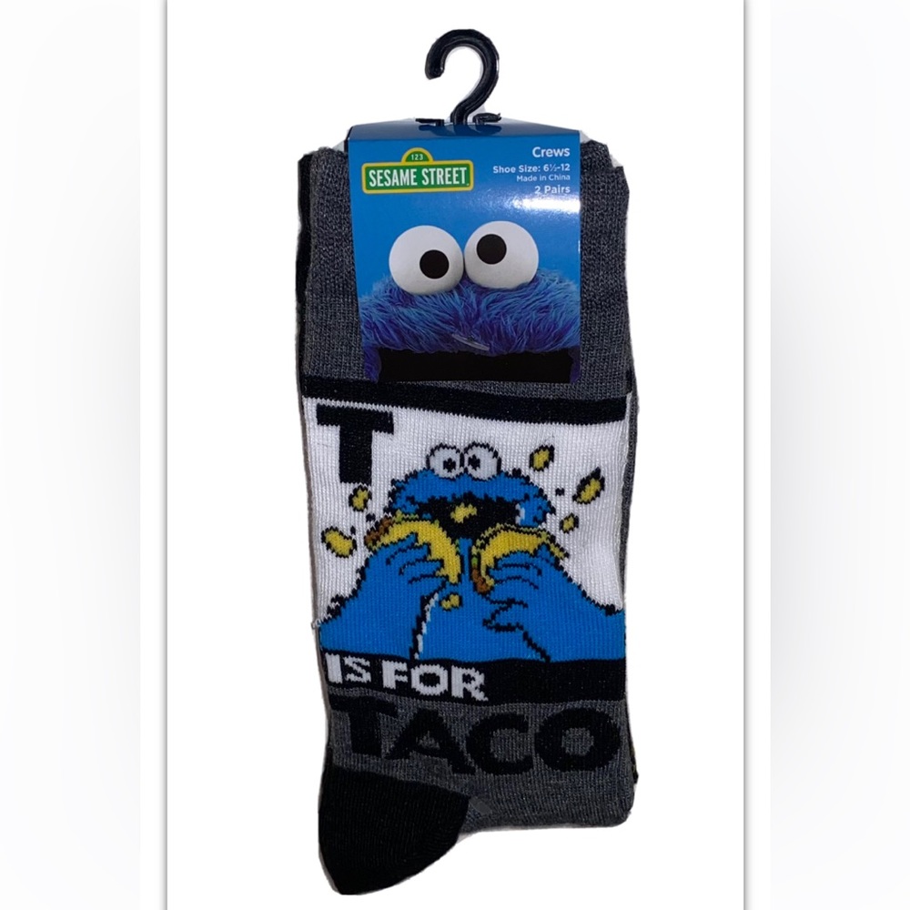 Cookie Monster & Oscar The Grouch Crew Socks 2 Pair Men 6.5-12 Gray Black Muppet